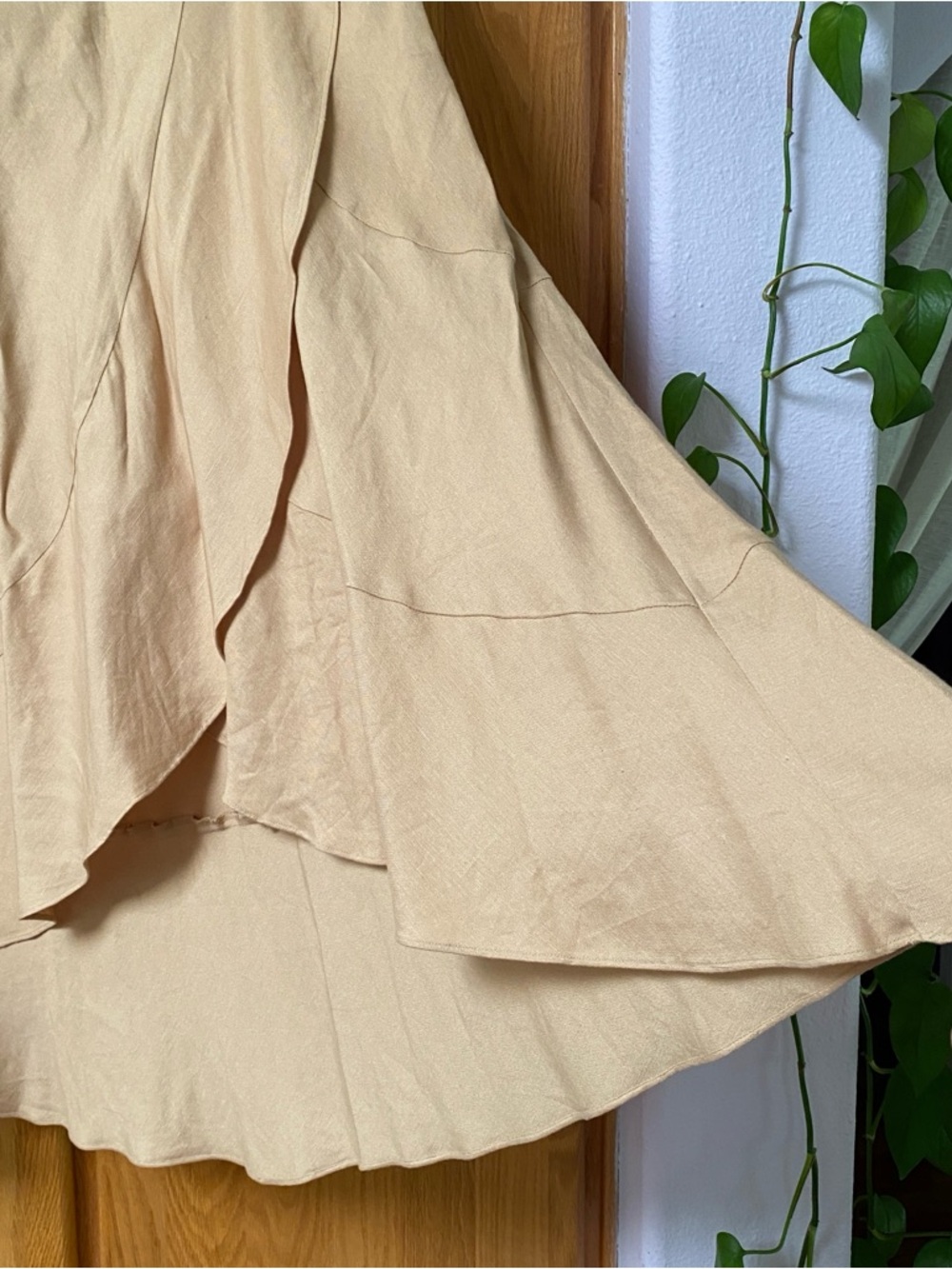 NY Collection Neutral Minimalist Tan Sand Linen Rayon Wrap Midi Skirt S - Picture 2 of 8